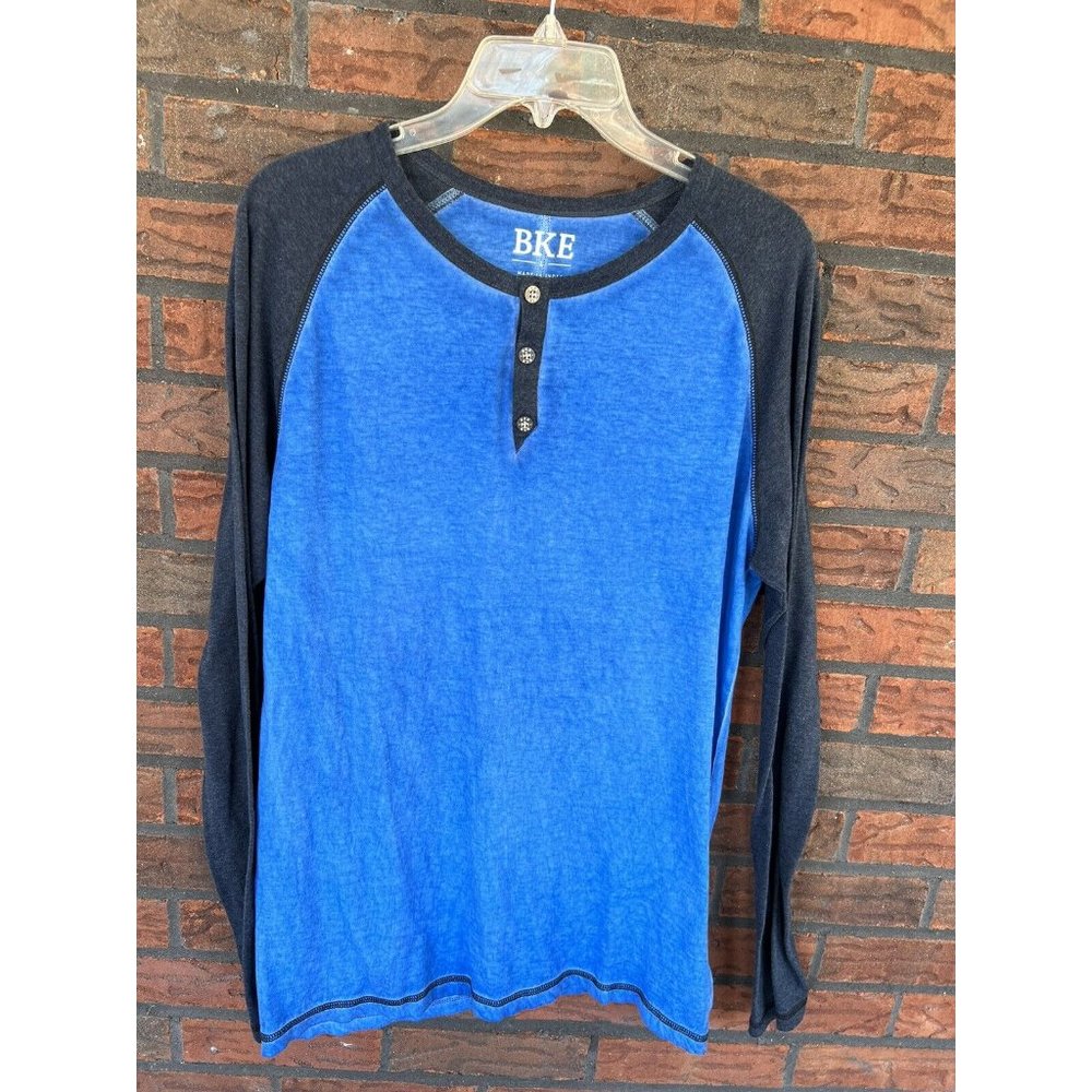 BKE 3 Button Henley Large Long Sleeve Baseball Jersey Shirt Sky Navy Blue Sharp